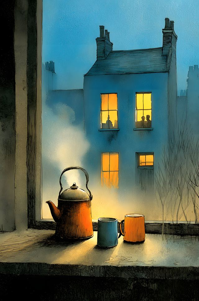 Watercolour of an old kettle and two mugs on a windowsill, a blue terraced house outside in the dusk.